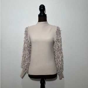 Siani Milano Ribbed Knit Sweater Shaggy Fringe Statement Sleeve Beige Medium
